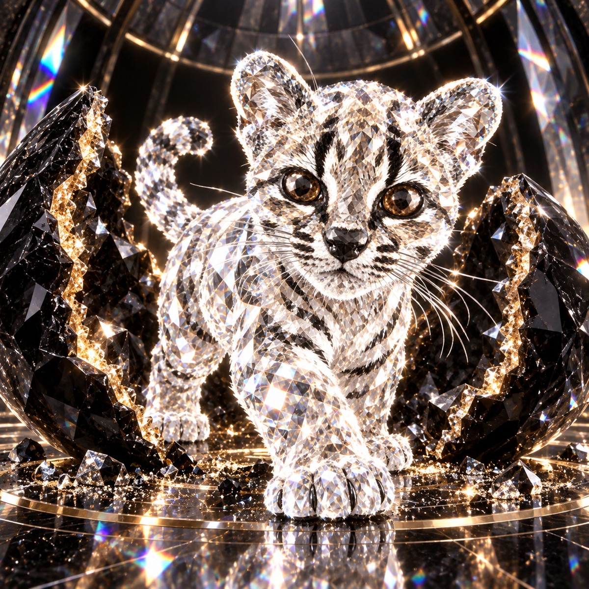 Square launch artwork of Diamond Tigrino stepping from a black crystal geode
