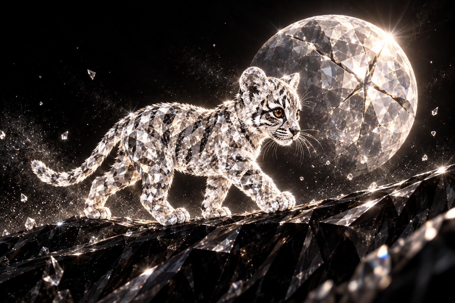 Diamond Tigrino crossing a black crystal ridge beneath a fractured diamond moon