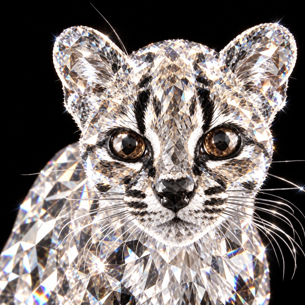 Close portrait of Diamond Tigrino, a tiger cub made of cut crystal